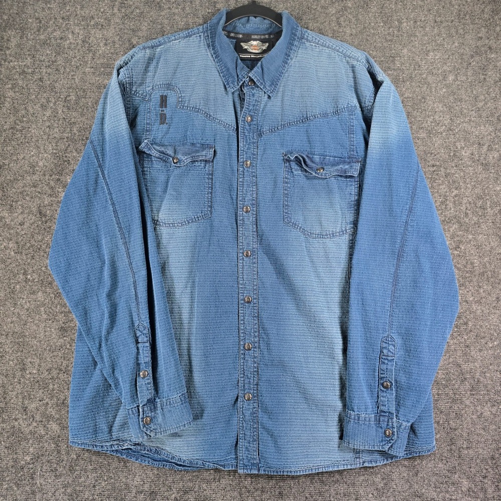 Harley-Davidson Mens 3XL Blue Textured Cotton Western Snap Button Down Shirt